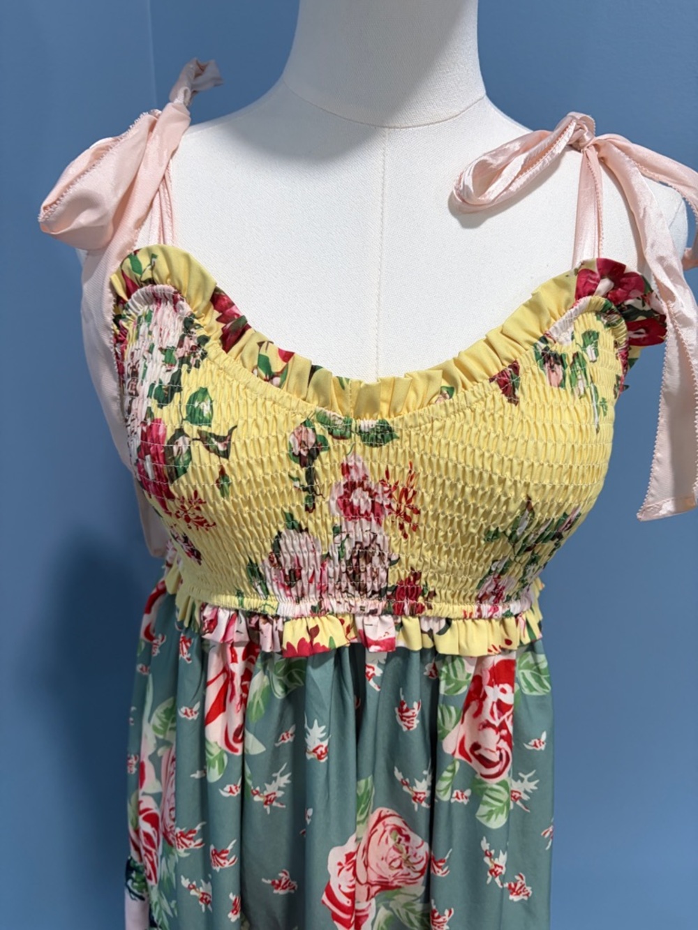 Floral Tiered Maxi Dress with Tie Straps - Yellow Multi - Picture 6 of 9